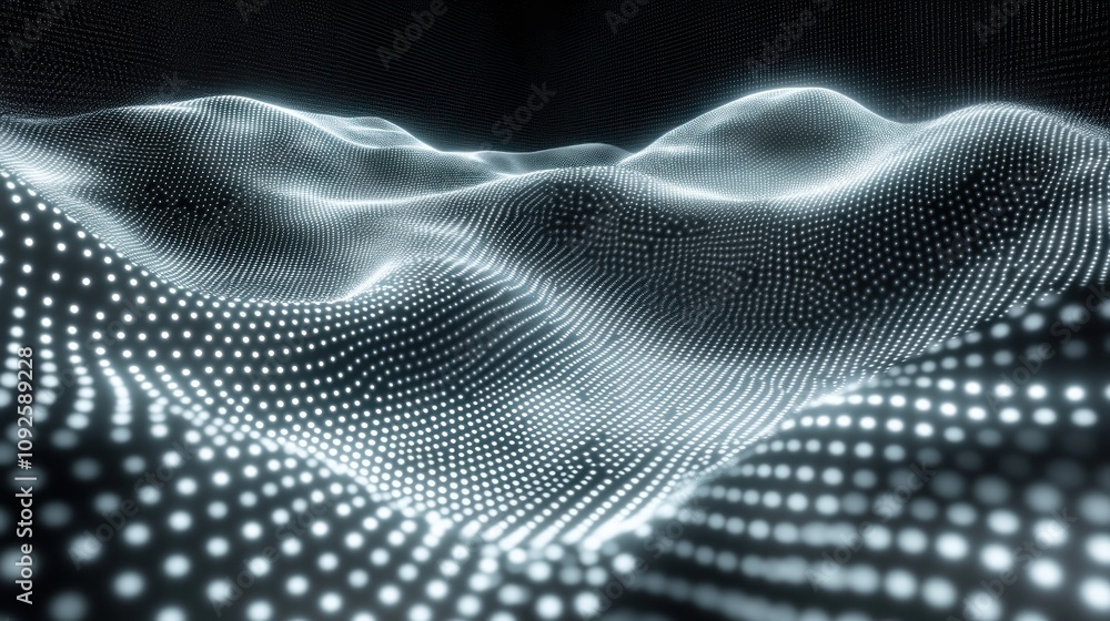 Poster abstract digital landscape with illuminated dots creating a wave-like pattern.