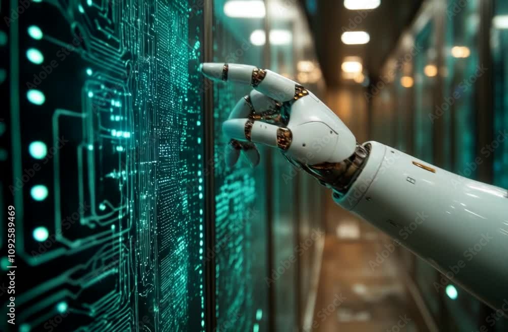 Poster robotic hand interacts with glowing circuit board fusion of technology, innovation, and futuristic m