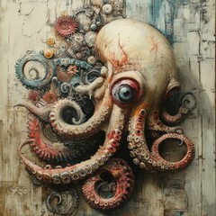 Obraz premium An artistic depiction of a surreal octopus with intricate textures and vibrant colors, blending nature with abstract design.