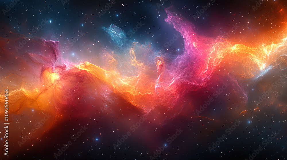 Poster colorful cosmic nebula displaying vibrant hues and intricate patterns in deep space at an unknown lo
