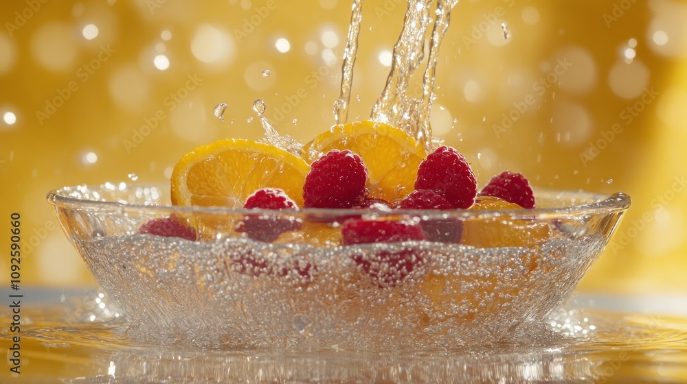 Poster fresh fruits splashing in water, creating a vibrant and refreshing scene.