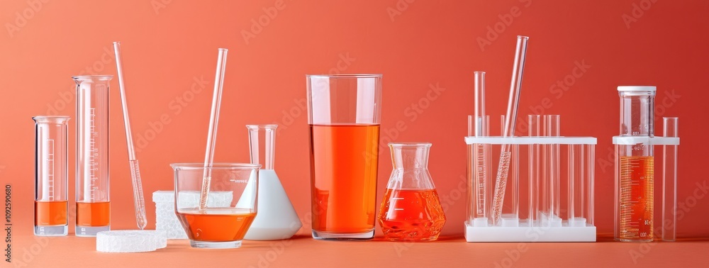 Aufkleber a collection of laboratory glassware filled with orange liquids on a gradient background.