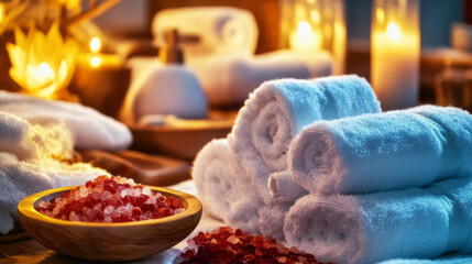 smelling salts in thai style spa with white towels and blurred background