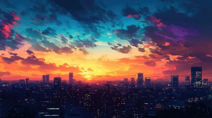Fototapeta premium A city skyline silhouetted against a vivid sunset sky, with gradients of orange, yellow, and deep blue blending above. Lights in the buildings begin to twinkle as dusk approaches.