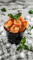 Delicious shrimp cocktail served in a black cup, garnished with fresh herbs.