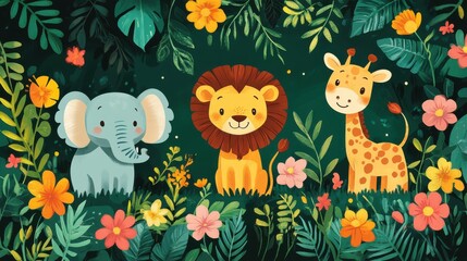 Fototapeta premium Playful jungle animals like monkeys, sloths, and crocodiles in a vibrant floral setting. Fun and cheerful vector illustration