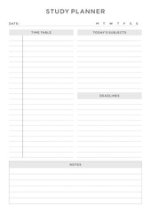 Study Planning Page Planner Sheet Design Template for Organizing Study Sessions, Goals, Timelines, Assignments, Exams, and Progress Tracking for Effective Learning and Academic Success