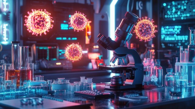 A futuristic lab with a microscope and glowing virus particles.