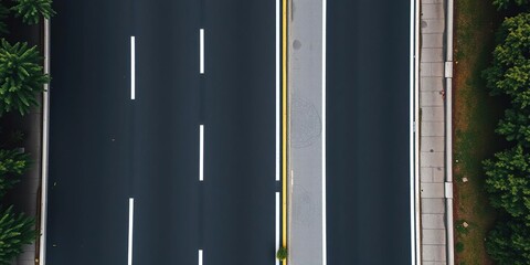 Overhead view of a black asphalt road with white dividing lines and trees on the side, highway, white stripes, tree line