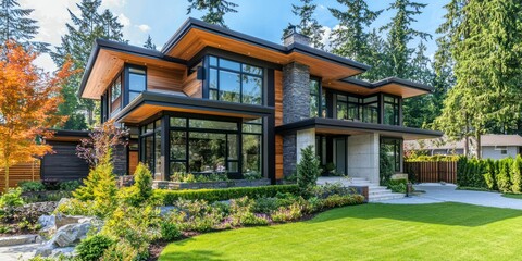 Fototapeta premium A stunning exterior view of a contemporary house with a beautifully landscaped yard, showcasing modern architectural features.