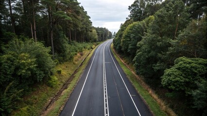 Fototapeta premium Overhead view of a black asphalt road with white dividing lines and trees on the side, urban transportation, white stripes