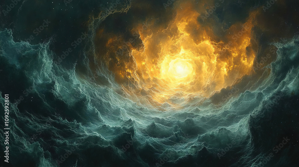 Poster vibrant cosmic clouds swirl around a radiant center in an explosive display of color and light durin