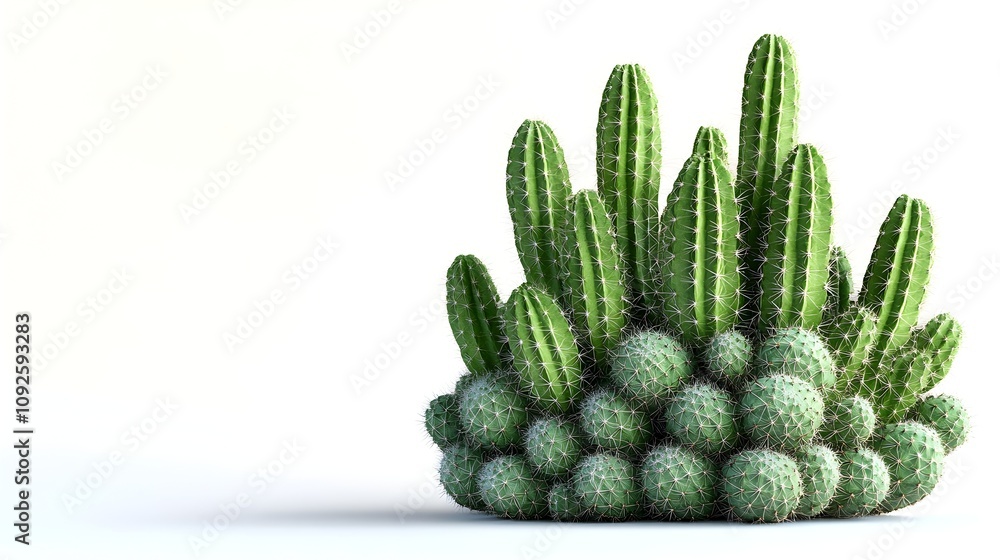 Poster closeup of a vibrant cactus and succulent arrangement in a minimalist studio setting with a plain wh