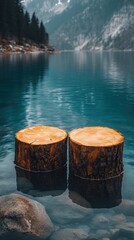 Naklejka premium Two wooden stumps partially submerged in a lake.
