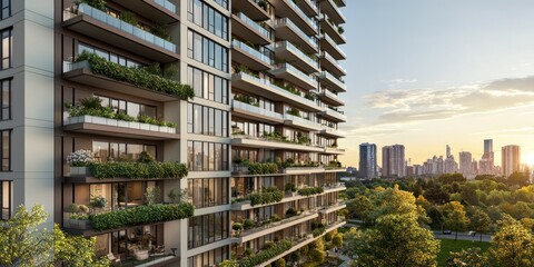Obraz premium A tall, modern apartment building with balconies, large windows, and greenery on the balconies.