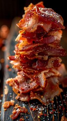 Stack of crispy bacon strips with spices on a dark wooden surface.