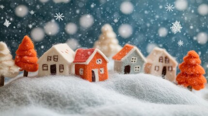 Naklejka premium Miniature wool felt snow scene with houses and trees