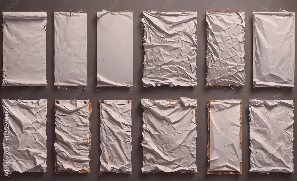 Poster Series of torn pieces of paper with writing on them. The writing is in different sizes and is on different pieces of paper
