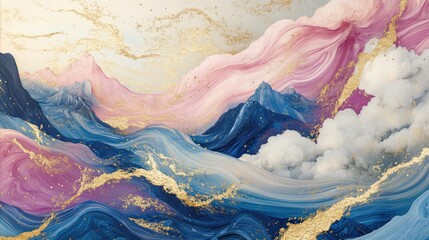 Fototapeta premium A flowing composition of pink and blue waves streaked with gold leads to cloud mountains. The foreground features detailed gold inlaid jade carving, while soft white smoke