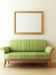 Green Striped Sofa with Wooden Frame Picture Above