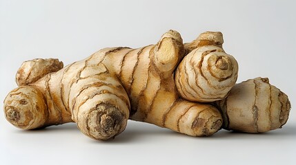 Close-up of freshly harvested organic ginger roots and turmeric rhizomes arranged on a rustic wooden surface.