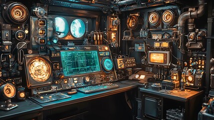 Fototapeta premium Futuristic Tech Room Cyberpunk Control Panel Sci Fi Workstation Digital Interface