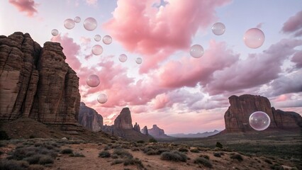 Pink cloud formations with towering rock formations and floating spheres in a serene and peaceful environment, glowing haze, shimmering fog, natural wonder, serene scenery