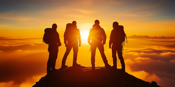 Hikers Standing on Mountain Peak Watching a Glorious Sunset