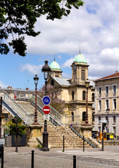 Scenic view of the Rue de Crimée Lift Bridge in Paris, France, spanning the Canal de l'Ourcq. The historic metal bridge, a unique vertical lift structure.