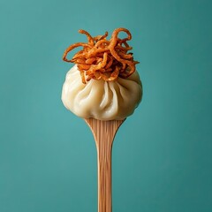 Dumpling with fried onions impaled on a wooden picnic fork isolated on teal background generative ai