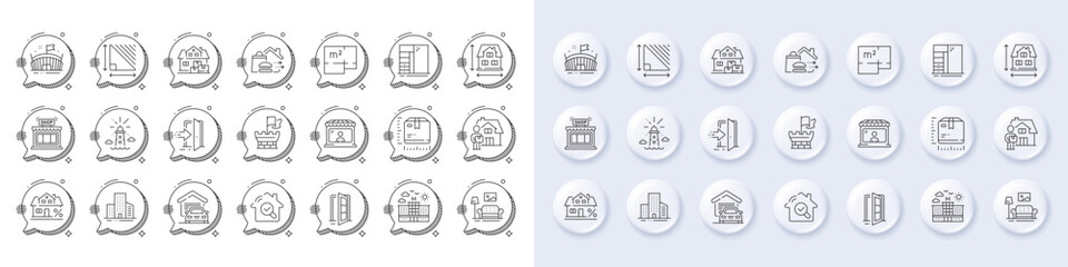 Food delivery, Delivery man and Shield line icons. White pin 3d buttons, chat bubbles icons. Pack of Buildings, Hotel, Mortgage icon. Cupboard, Triangle area, Floor plan pictogram. Vector