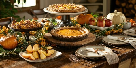 A rustic table setting featuring seasonal foods like pumpkins, squash, and apple pie, perfect for fall gatherings.