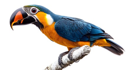 Close-up portrait of a vibrant and colorful parrot perched on a natural wooden branch against a plain background. The exotic bird's vivid feathers,large beak.