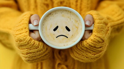 Sad Face in a Warm Coffee Mug Held by Person in Yellow Knit Sweater