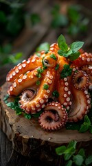Fototapeta premium A beautifully presented cooked octopus garnished with fresh herbs.