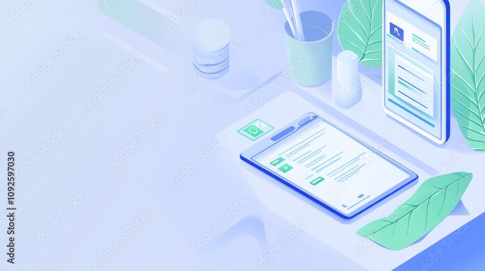 Poster a digital workspace featuring a tablet and smartphone with documents and plants.