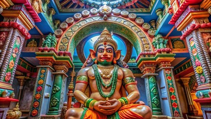 Idyllic View of Lord Hanuman Idol in a Temple Setting Captured from a Flat Angle, Showcasing Intricate Details of the Statue and Surrounding Architecture in Vibrant Colors
