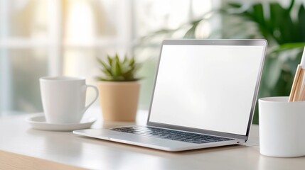 Fototapeta premium Modern Workspace with Laptop, Coffee Cup, and Green Plant on Desk Surrounded by Natural Light in a Bright and Minimalistic Office Environment