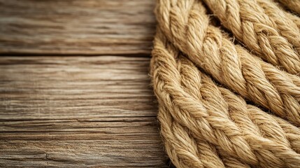 Fototapeta premium Close-Up of Natural Braided Rope on Wooden Surface