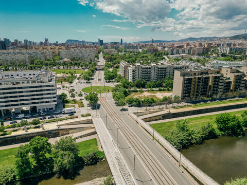 Top view on Barcelona and district Sant Adria de Besos, Besos river. Spain