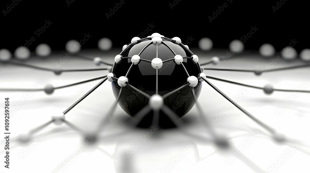 Poster 3d render of black sphere network: interconnected nodes forming a global system, abstract background