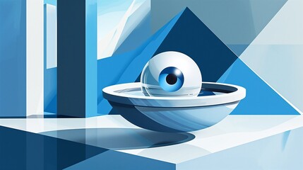 Eyeball with blue pupil in bowl background image. Abstract idea of body part offering flat colorful illustration backdrop horizontal. Witchcraft and body horror wallpaper art concept