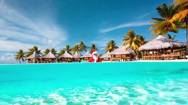 Santa Claus relaxing in a tropical paradise, floating in crystal-clear turquoise water with overwater bungalows, palm trees, and a sunny blue sky in the background.