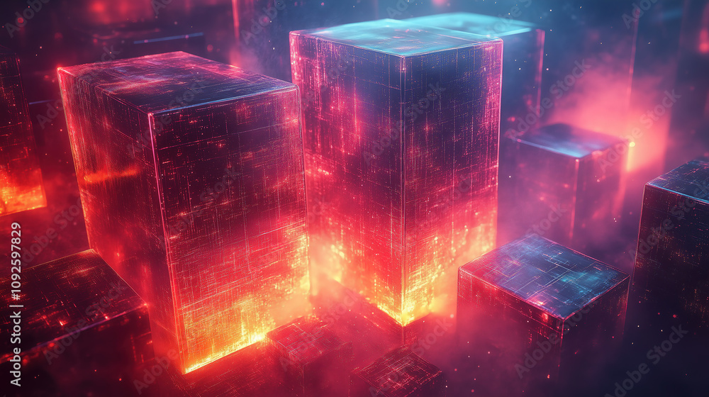 Poster dynamic glowing abstract structures illuminated in vibrant reds and blues against a dark background.