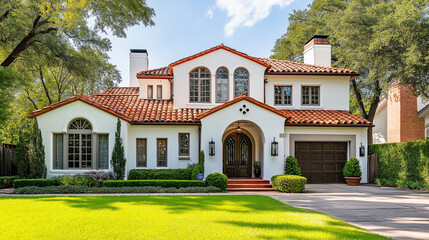 Fototapeta premium Upscale suburban home with white stucco and red-tile roof - Sunny day, lush front yard, vibrant green landscaping