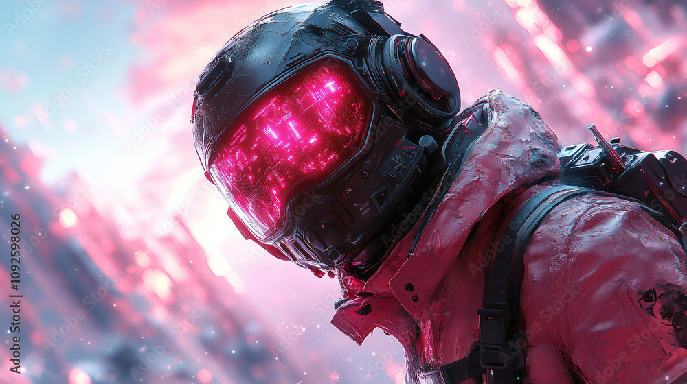 Poster futuristic astronaut exploring a vibrant neon landscape in a distant world during twilight hours. ge
