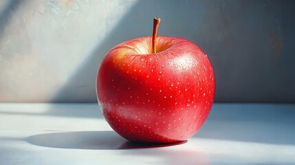 Closeup shot of a ripe,juicy red apple with a glossy,shiny skin and natural lighting creating shadows on a plain background. The apple is a healthy,nutritious snack or cooking ingredient.