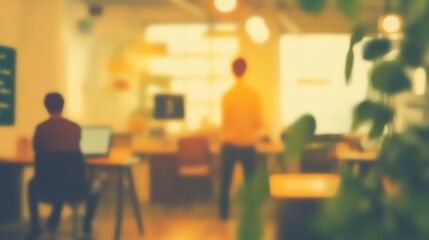 Modern open space office with bokeh people and plants