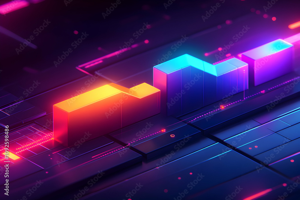 Poster abstract 3d neon blocks ascending on futuristic circuit background