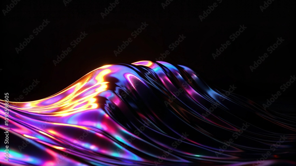 Fototapete Abstract dark holographic iridescent neon background fluid liquid glass curved wave in motion 3d render background. Modern glowing neon wave line pattern on a dark abstract background